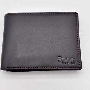Spark Leather Mens Bifold Wallet Black Red Stitch Zip Coin Pocket RFID